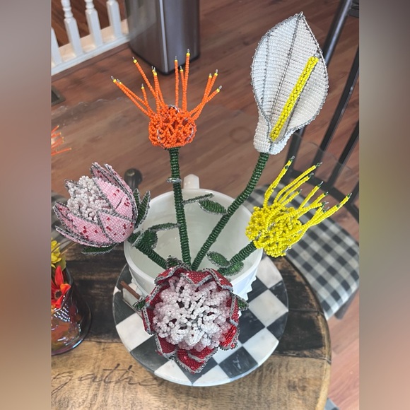 Handmade South African Beaded Flower-Artisan Red & White Protea, Lotus Bloom - Picture 3 of 3